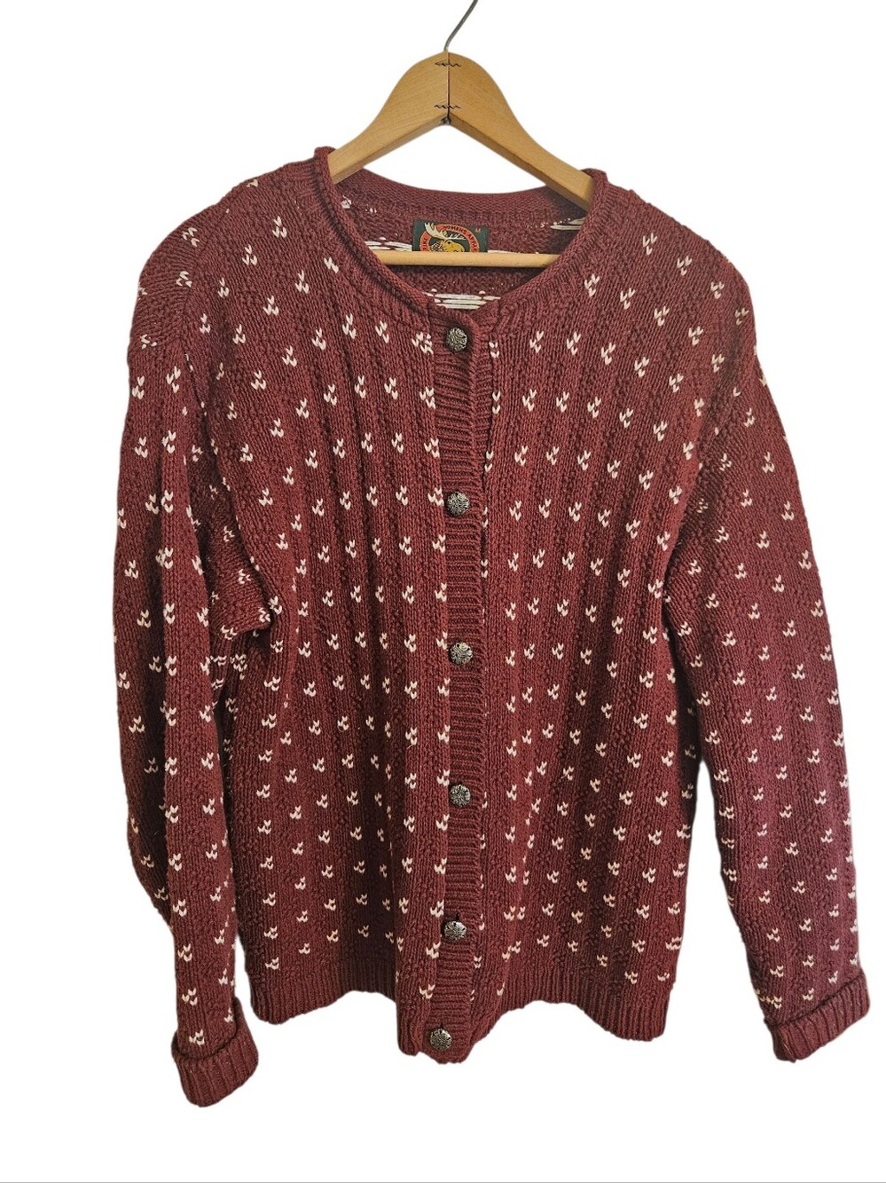 Alps Womens Fine Apparel Cotton Acrylic Cardigan Heavy Knit Sweater Burgundy L